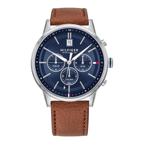 Tommy Hilfiger Orologio Multifunzionale Uomo Quarzo 44mm Cinturino Pelle Marrone Quadrante Blu Navy 1791629