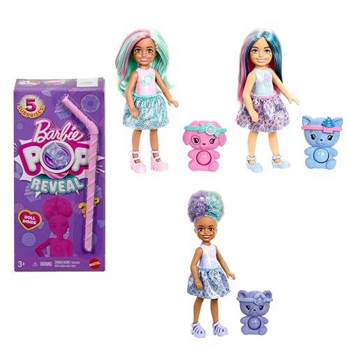Barbie Chelsea Pop Reveal Serie Dolcetti, mini bambola profumata con 5 sorprese