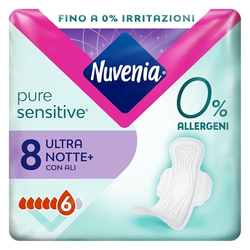 Nuvenia Assorbente Pure Sensitive Ultra Notte con Ali, Confezione da 8