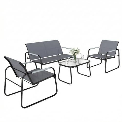 Outsunny Set Salotto da Giardino 4 Pezzi con Divano 2 Posti, 2 Poltrone e Tavolino in Vetro