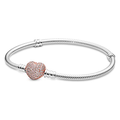 PANDORA Icons Bracciale in argento in maglia snake con chiusura a forma di cuore placcata in oro rosa 14 carati e zirconi cubici trasparenti