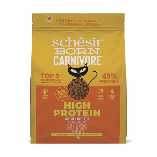 Schesir Born Carnivore, al gusto Pollo e Uovo, Crocchette per Gatti adulti Cotte al forno (Sacco da 255g)