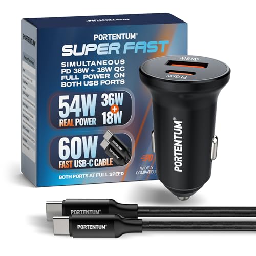 PORTENTUM Caricatore Auto Doppio USB-C PD 36W + USB-A QC 18W 54W