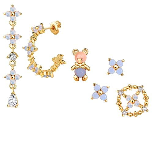 BodyBonita Orecchini a Fiore Blu Argento Sterling, Set 6 Pezzi