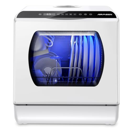 AIRMSEN Mini Lavastoviglie da Tavolo 5+1 Programmi, Serbatoio 5L, 2 Modi di Approvvigionamento Idrico, Touch Control e Display LED, Ideale per Cucine, Appartamenti e Dormitori