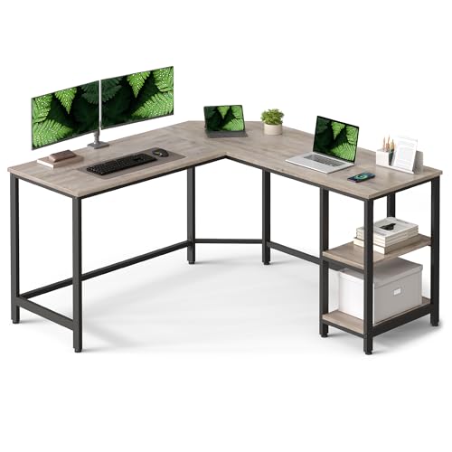 VASAGLE Scrivania a L 138x138 cm con 2 Ripiani Greige e Nero