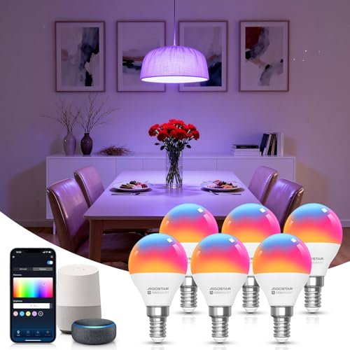 Aigostar Lampadine Smart Wifi G45 E14 6.5W RGBCW, 6 Unità, Compatibili Alexa/Google Home