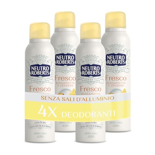 Neutro Roberts Deodorante Spray Fresco Bergamotto e Zenzero, Zero Sali di Alluminio, 150ml (Confezione da 4)