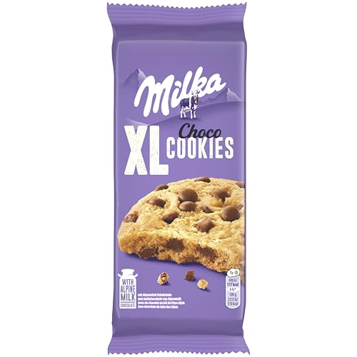 Milka, Cookies XL Choco, Biscotto Maxi Croccante con Golose Pepite di Cioccolato al Latte Milka, con Latte Alpino, Cacao Sostenibile, 184g (8 biscotti da 23g)