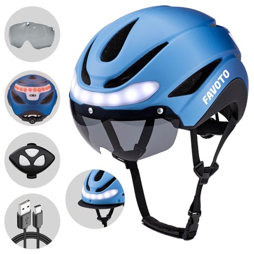 Favoto Casco Bici con Luci Posteriori, Visiera Rimovibile