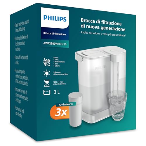 Philips Water Caraffa Filtrante Instant 3L con 3 Filtri Anticalc+