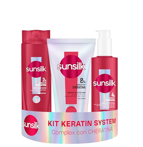 Sunsilk Kit Keratin System Shampoo, Balsamo e Siero Termoprotettore, Set Capelli Lisci Anticrespo