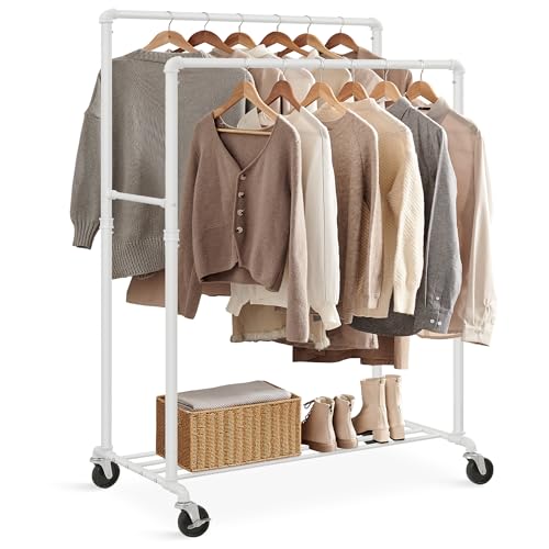 SONGMICS Stand Appendiabiti a Doppia Barra con Ripiano, Bianco