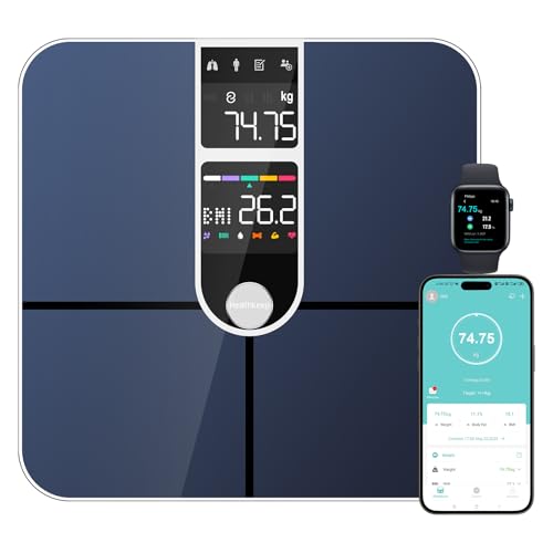 Healthkeep Personenwaage, angeschlossen, Bluetooth, mit 2 VA-Bildschirmen und ITO-Beschichtungstechnologie, 16 Körperdaten mit Herzfrequenz, App, für Android und iOS 180 kg/400 lb