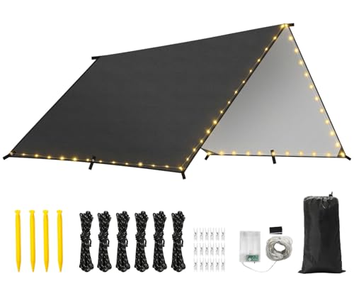 Rhino Valley Telo da Campeggio Impermeabile, 3x3M Grande Telo di Riparo all'Aperto con Corde Luminose, Leggero Portatile Telo di Tiparo Pioggia per Escursioni Viaggi Zaino in Spalla