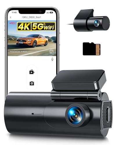 GKU Dash Cam Auto 4K+1080P, 5GHz WiFi Telecamera per Auto con Scheda SD 64G, Dashcam Auto 170° Grandangolo,Super Visione Notturna,WDR,G-Sensor
