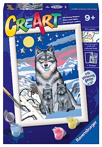 Ravensburger CreArt Lupi al chiaro luna, Kit Pittura con Numeri 14x19 cm