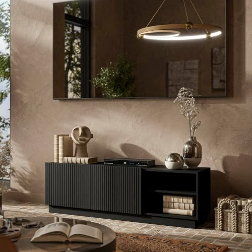 Dmora Mobile Porta TV 40x150x48h cm Nero 3 Ripiani 6 Vani 2 Ante