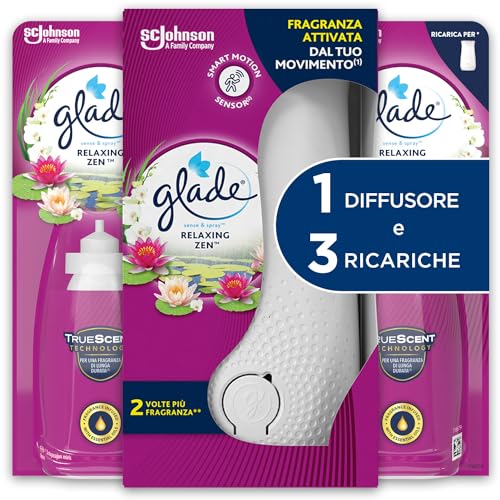Glade Sense & Spray Profumatore per Ambienti con Oli Essenziali e Sensore di Movimento, Fragranza Relaxing Zen, 1 Base + 3 Ricariche