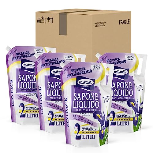 Milmil Sapone Liquido Fragranza Talco & Iris, Ricarica Universale 4 x 2000 ml