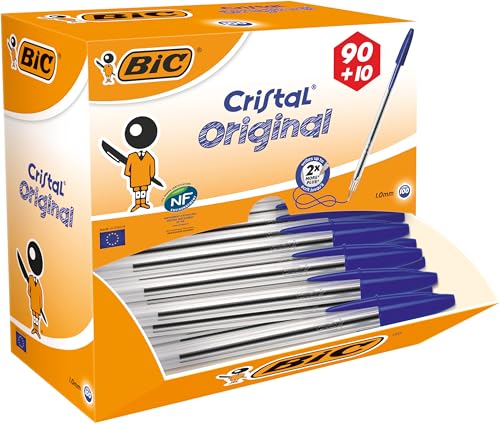 BIC Cristal Original Penne a Sfera Blu Punta Media 1.0 mm, 100 Pezzi