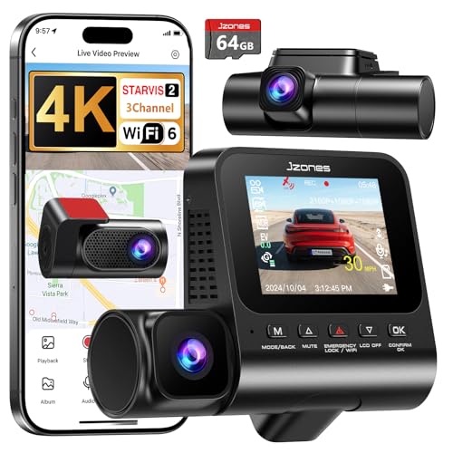 Dashcam Auto 4K 3 Canali con Visione Notturna STARVIS 2, WiFi 6 e Scheda SD 64GB