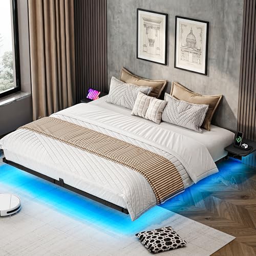 YITAHOME Telaio per letto con illuminazione a LED, porta USB, interfaccia tipo C, design fluttuante, telaio in metallo, rivestimento in tessuto, senza materasso, 1