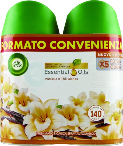 Airwick Freshmatic Profumatore per Ambienti Spray Automatico, 2 Ricariche 250 ml, Fragranza Vaniglia e Thè Bianco