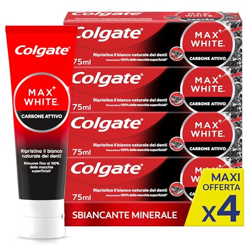 Colgate Dentifricio Sbiancante Max White Carbon, 4 Confezioni da 75 ml