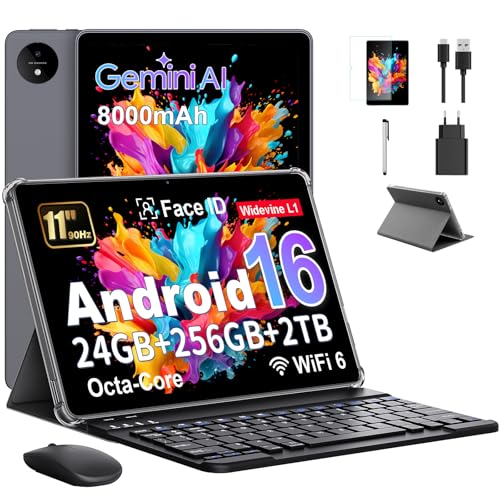 Tablet 11 Pollici con Gemini AI, Tablet Android 16 con Cover, Mouse & Tastiera, Octa-Core, 24 GB RAM + 256 GB ROM + 2 TB TF, 1920x1200 Display HD, 90 Hz, Fotocamera Doppia 8MP + 13MP, 8000mAh (