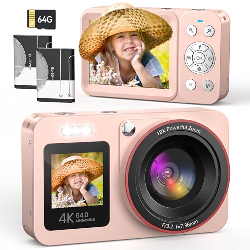 Fotocamera Digitale Compatta 4K 64MP 18X Zoom Rosa per Bambini