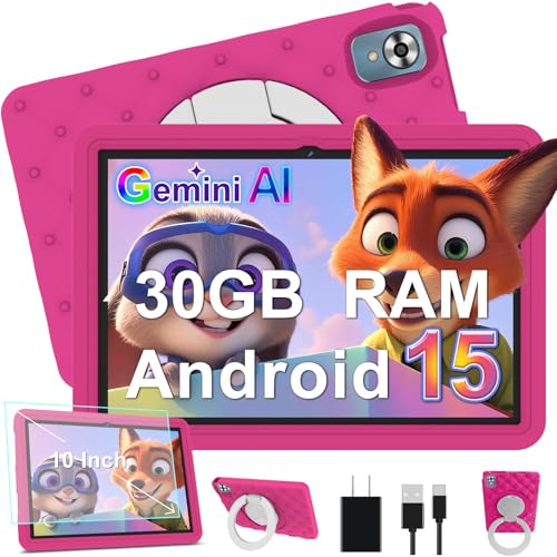 DMOAO Tablet Bambini 10 Pollici Android 15 con 30GB RAM, 5G Wi-Fi 6, 64GB ROM(TF 2TB), Control Parental, Octa-Core, 8MP+5MP, 6000mAh, Custodia Protettiva EVA + Supporto Girevole a 360°