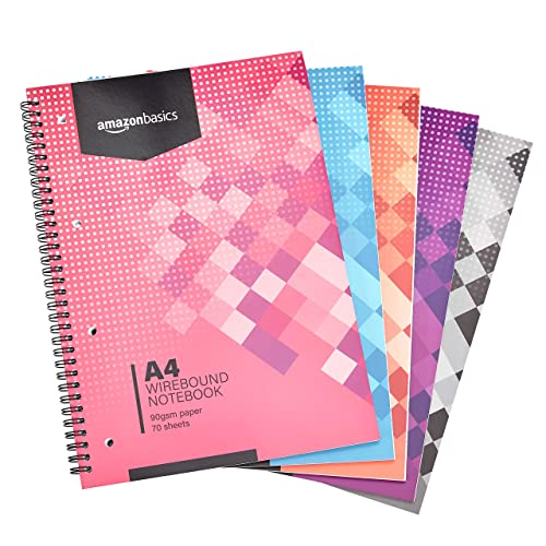 Amazon Basics Quaderno A4 Spirale 70 Fogli/140 Pagine, Confezione da 5