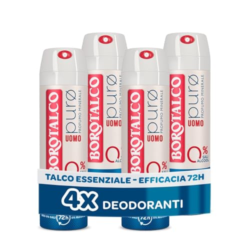 Borotalco Deodorante Uomo Spray Puro con Talco Essenziale, 4 Flaconi da 150 ml