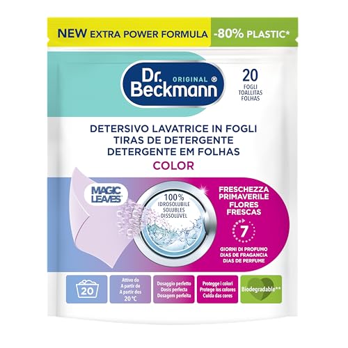 Dr. Beckmann MAGIC LEAVES Detersivo Lavatrice in fogli CAPI COLORATI | Facile da usare, facile da riporre & da trasportare | 20 fogli