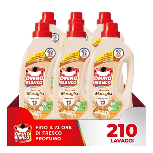 Omino Bianco Detersivo Lavatrice Liquido con Essenza Cuore di Marsiglia - 210 Lavaggi, 1400 ml x 6 Confezioni