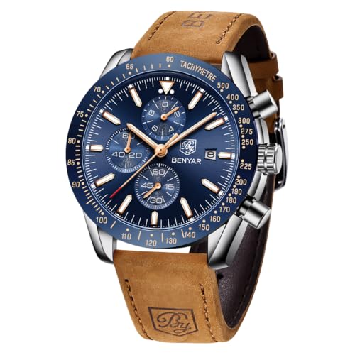 BENYAR Orologio da Uomo Cronografo Analogico al Quarzo, Cinturino in Pelle