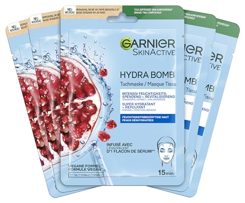 Garnier SkinActive Hydra Bomb Maschera Viso in Tessuto con Acido Ialuronico e Melograno, 5 Pezzi