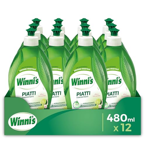 Winni's Detersivo Piatti e Stoviglie Concentrato Lime e Fiori di Mela, 480 ml x 12