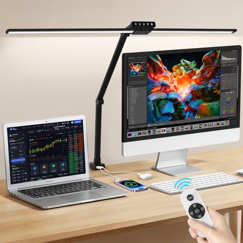 OUTON Lampada da Scrivania LED Doppia Testa con Braccio Snodabile e Porte USB