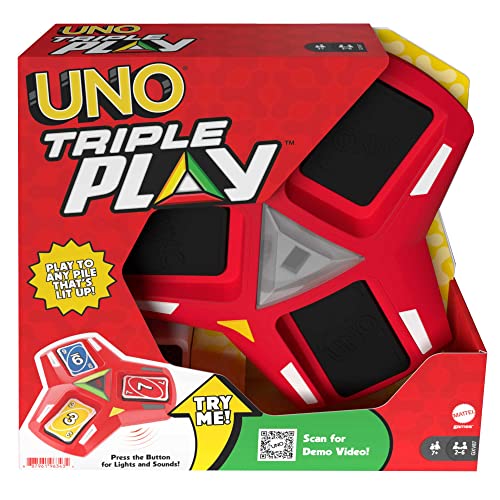 Mattel Games UNO Triple Play Gioco di Carte con Porta-Carte, Luci Led e Suoni