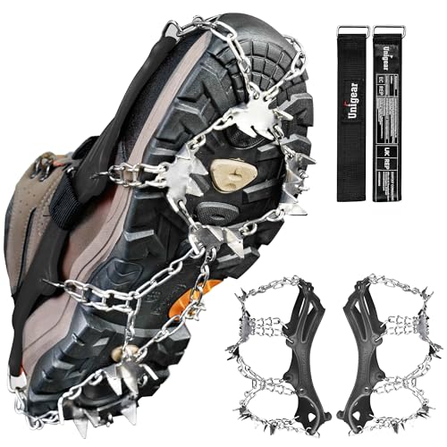 Unigear Ramponi da Ghiaccio per Scarponi 24 Denti 201 Copertura in Acciaio con Catene in Acciaio Inossidabile per Camminare su Neve e Ghiaccio