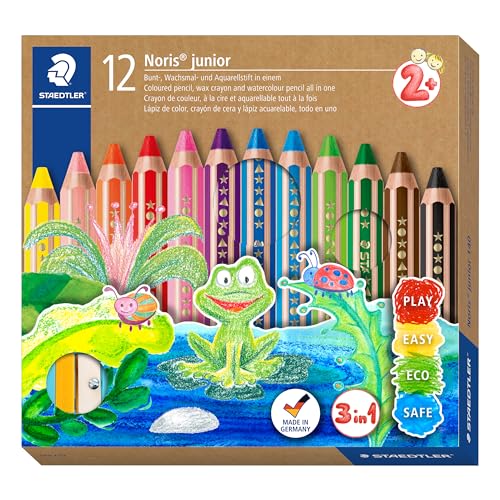 Staedtler Noris Junior Set 3 in 1 Matite Colorate, Pastelli a Cera e Acquerellabili 12 Pezzi