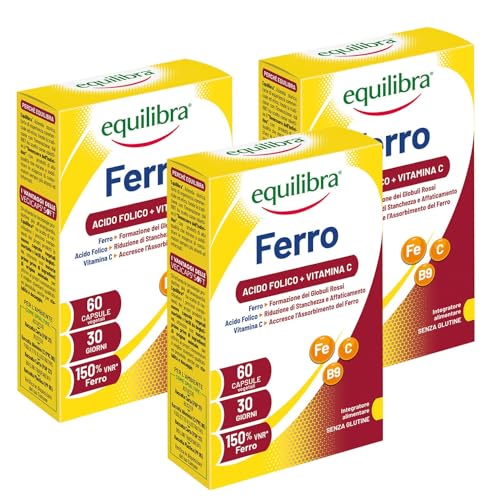 Equilibra Ferro con Acido Folico + Vitamina C, Integratore Alimentare, 3 Pezzi da 60 Capsule Vegetali