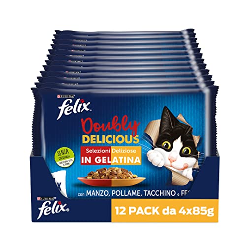 Felix Le Ghiottonerie Doubly Delicious Cibo Umido per Gatti Manzo, Pollame, Tacchino e Fegato, 48 Buste da 85g