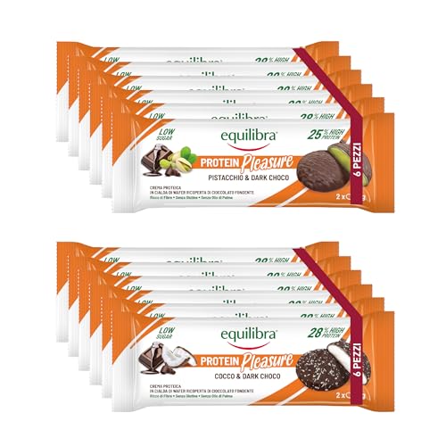 Equilibra Protein Pleasure Cialde con Crema Proteica Ricoperte di Cioccolato, Gusti Cocco e Pistacchio, 12 Confezioni da 34g