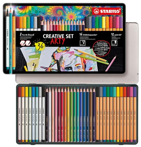 Stabilo ARTY Creative Set - Set Creativo 36-12 fineliner point 88 + 8 Pen 68 brush + 16 matite aquacolor