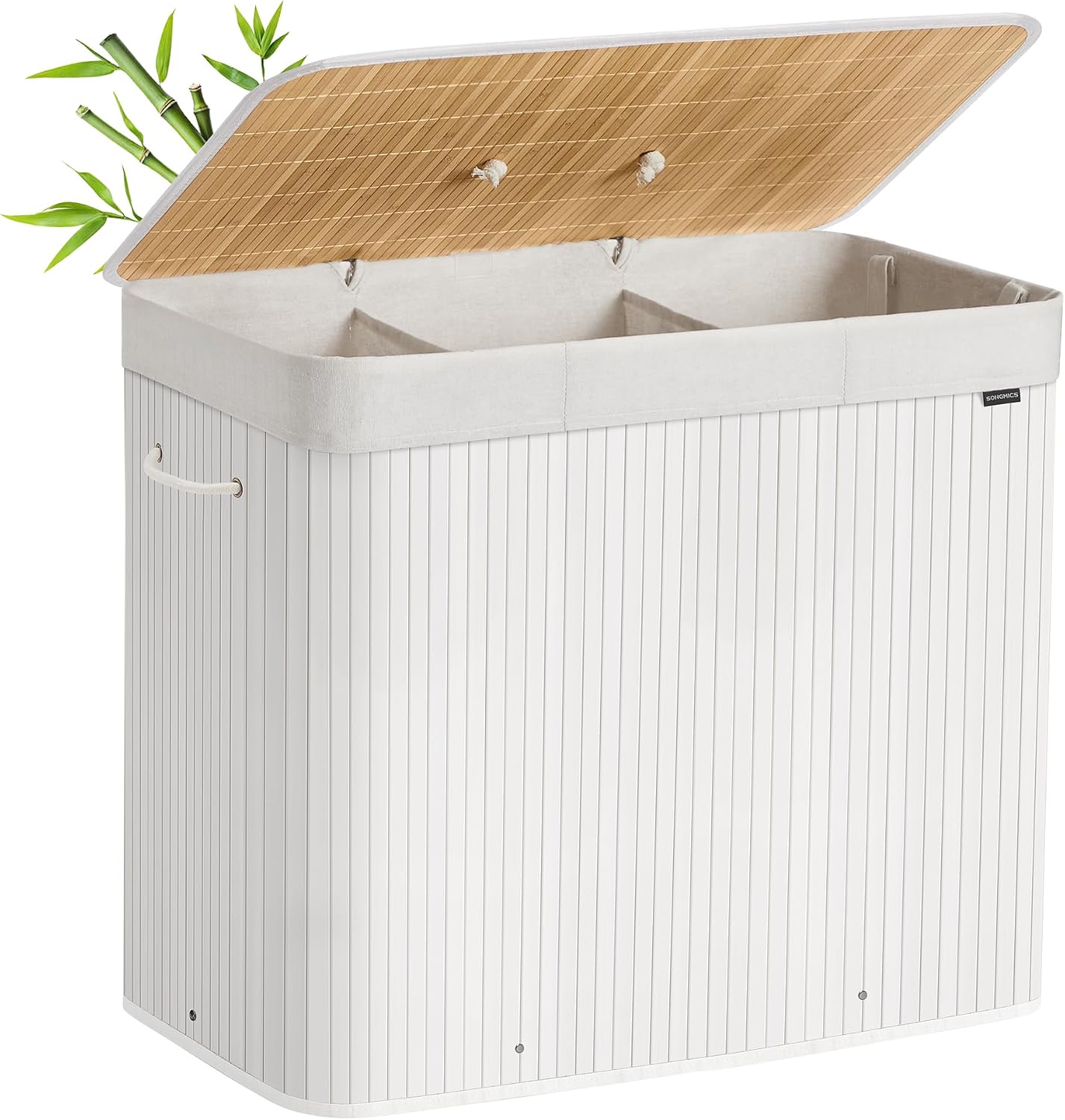 SONGMICS Cesta Portabiancheria Pieghevole con Coperchio, 3 Scomparti, 170 L, Bambù